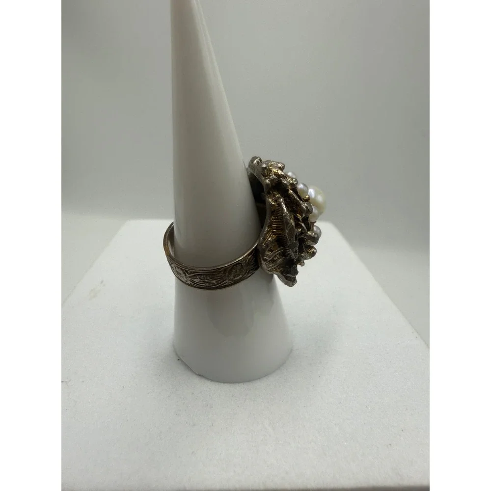 Vintage Brutalist Faux Pearl Cluster Statement Ring Adjustable Silver Tone 6.5